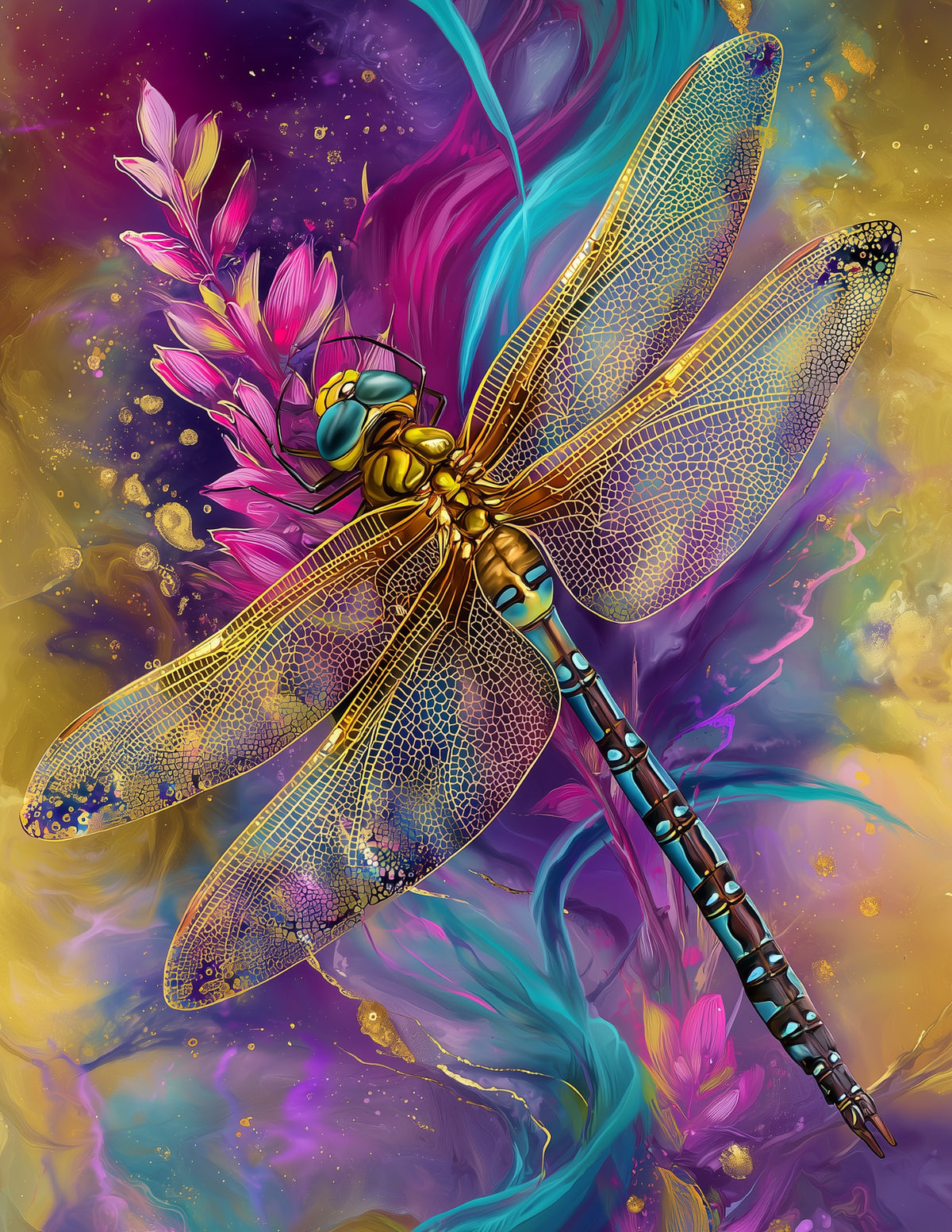 Dragonfly — Boho Art, Teal Gradients Digital Wall Art, 3 Sizes Included, Living Room Decor