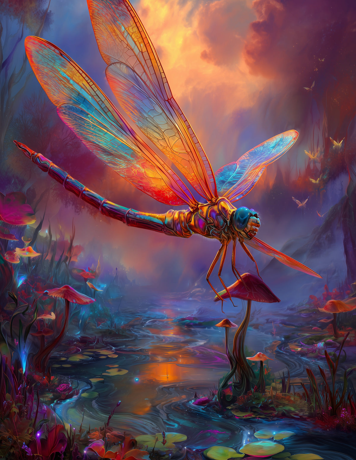 Dragonfly — Fantasy Art, Emerald Tones Digital Wall Art, 3 Sizes Included, Living Room Decor
