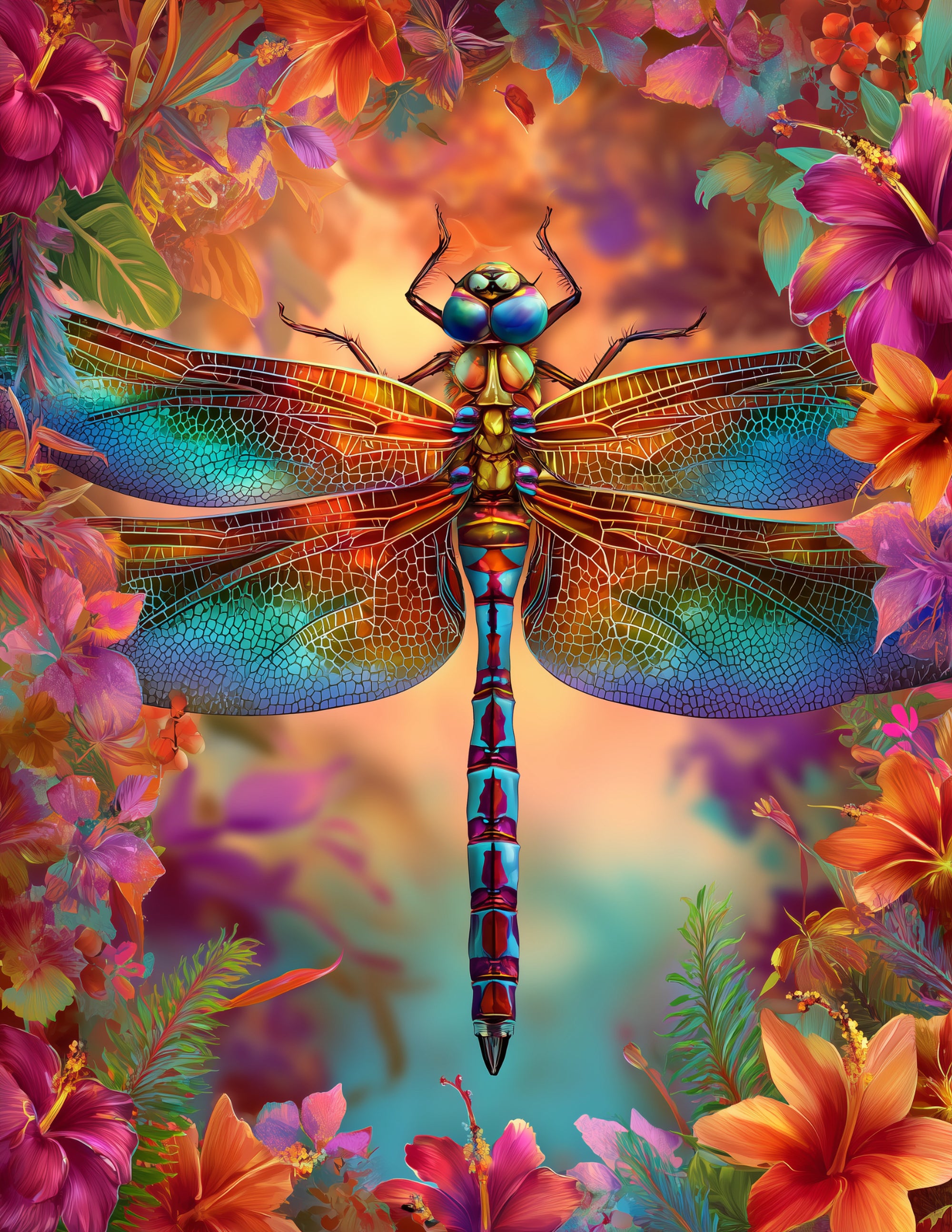 Dragonfly — Fantasy Art, Sunset Tones Digital Wall Art, 3 Sizes Included, Living Room Decor