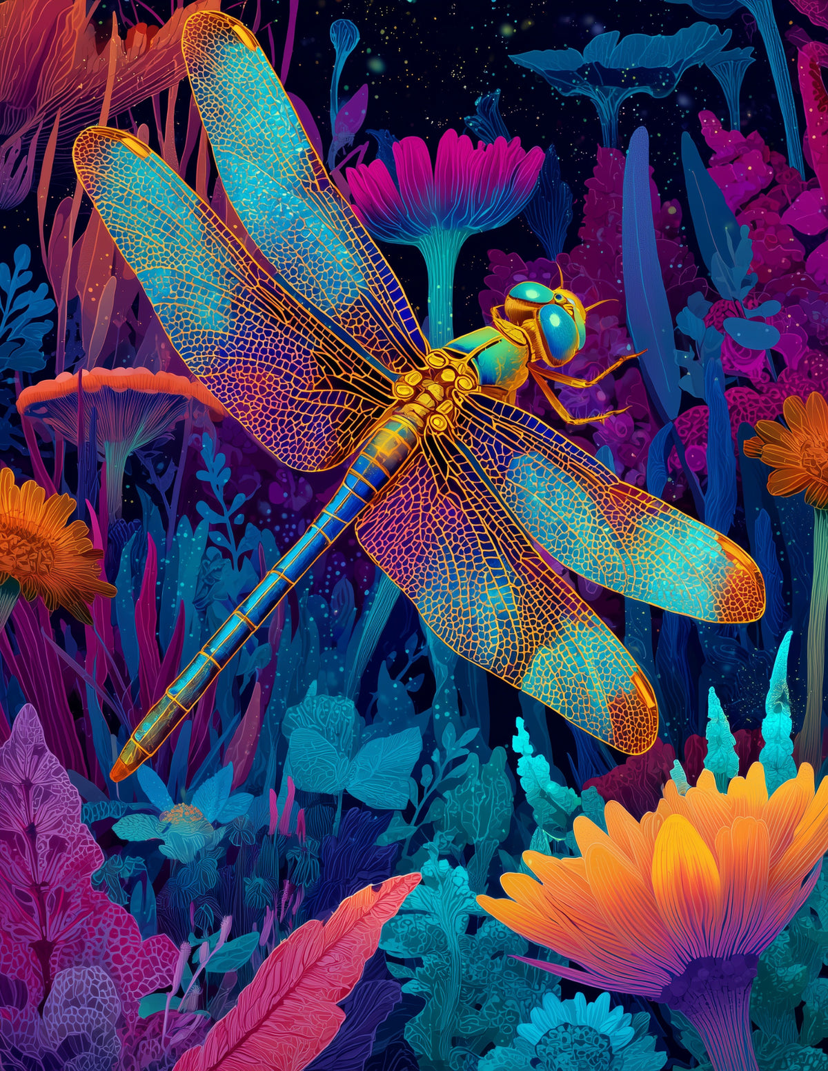 Dragonfly — Psychedelic Art, Bold Contrast Digital Wall Art, 3 Sizes Included, Living Room Decor