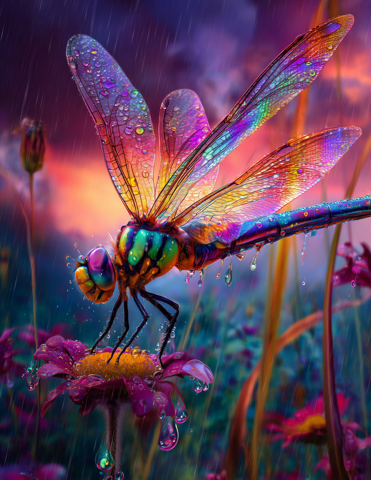 Dragonfly — Psychedelic Art, Emerald Tones Digital Wall Art, 3 Sizes Included, Living Room Decor