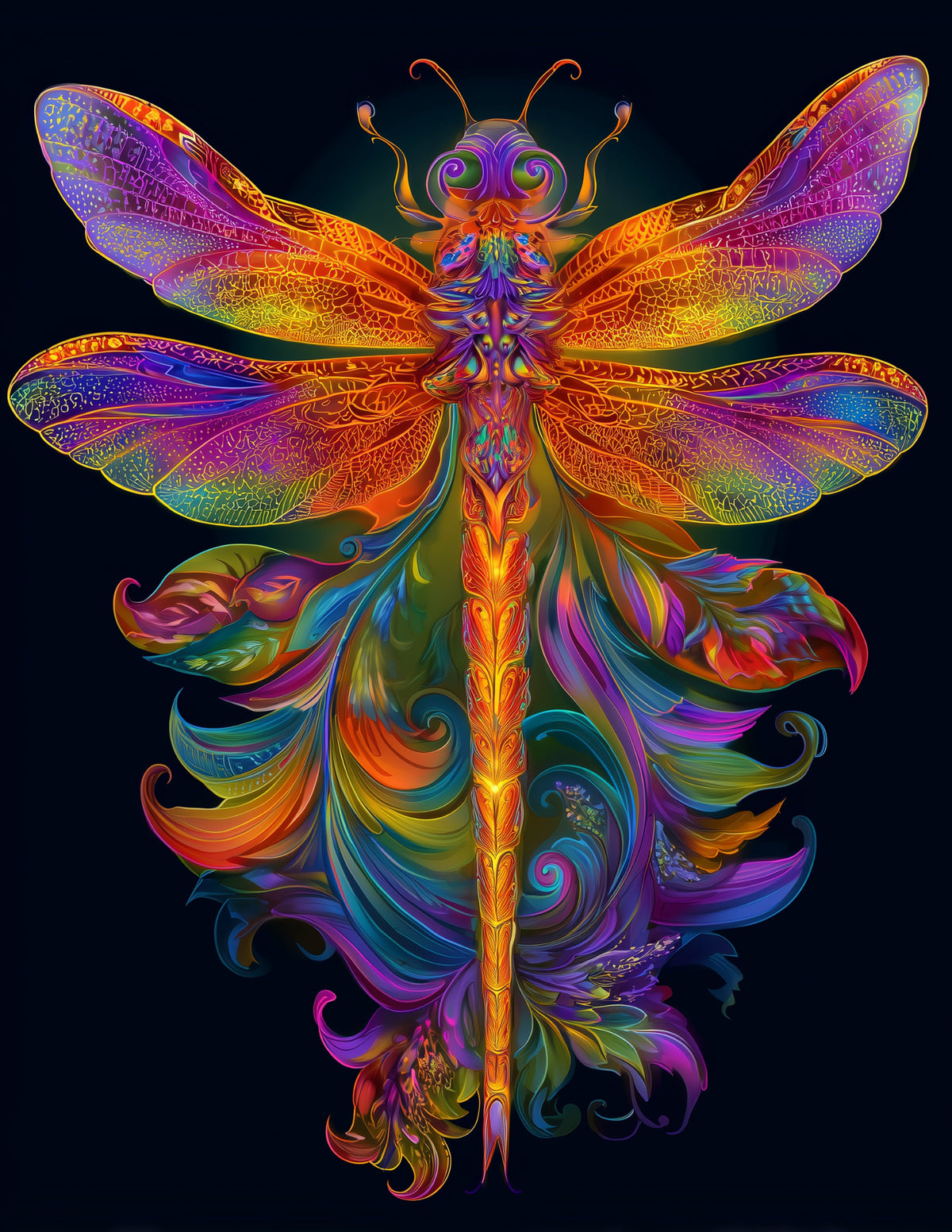 Dragonfly — Psychedelic Art, Forest Hues Digital Wall Art, 3 Sizes Included, Living Room Decor