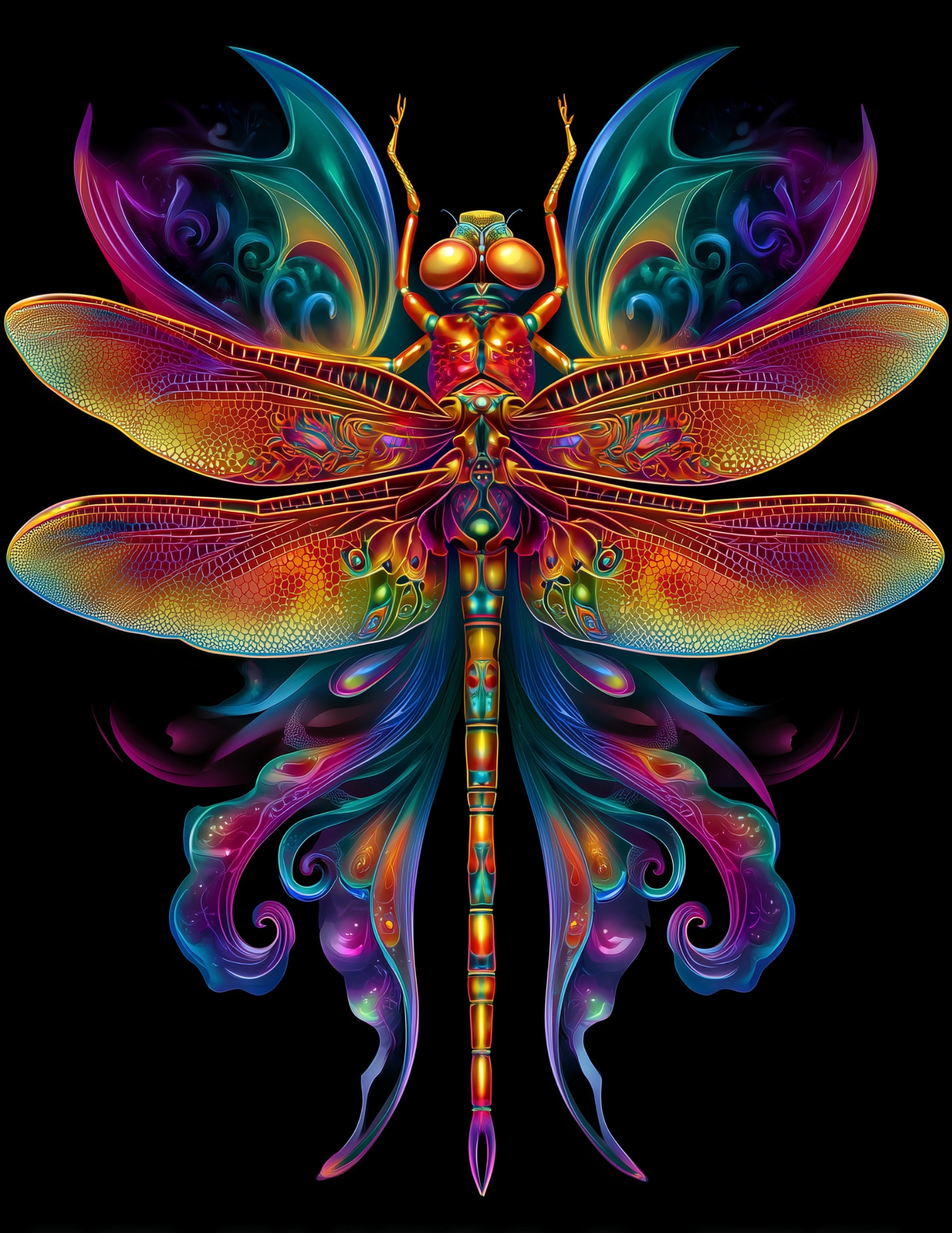 Dragonfly — Psychedelic Art, Teal Gradients Digital Wall Art, 3 Sizes Included, Living Room Decor