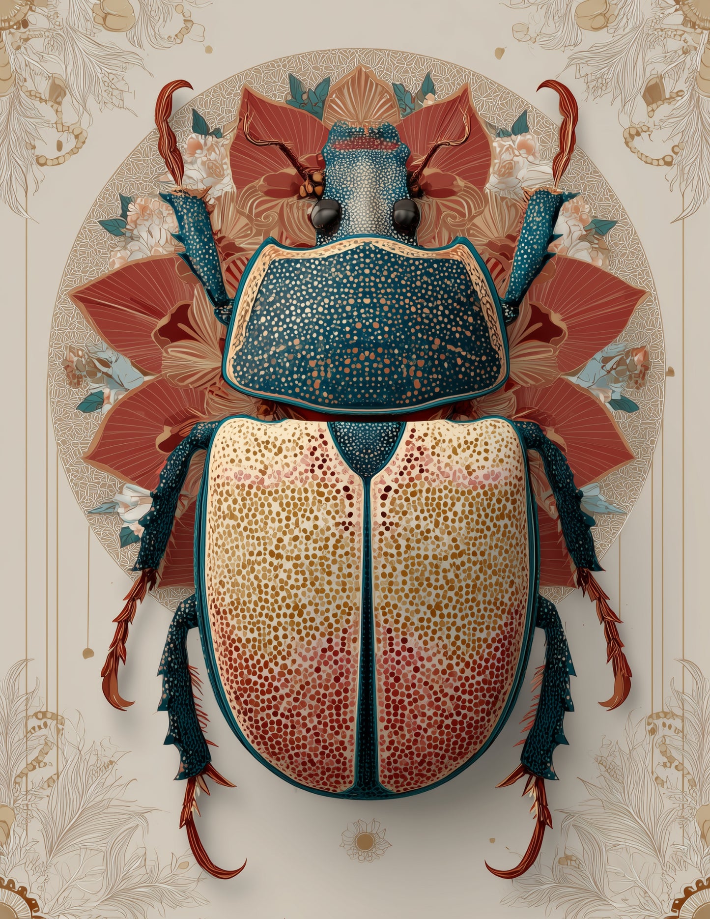 Dung Beetle — Boho Art, Coral Soft Digital Wall Art, 3 Sizes Included, Living Room Decor