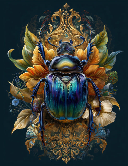 Dung Beetle — Boho Art, Emerald Vibrant Digital Wall Art, 3 Sizes Included, Living Room Decor