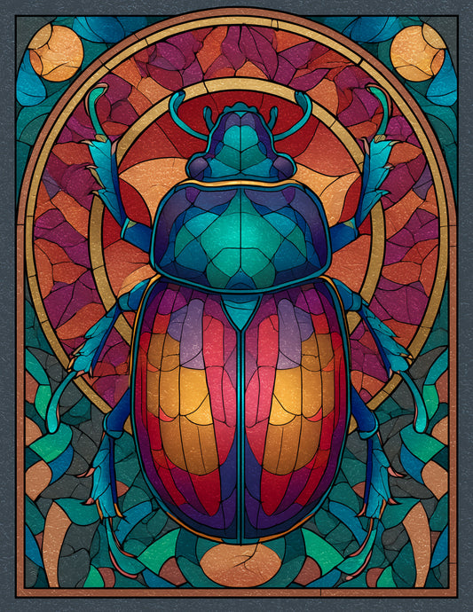 Dung Beetle — Stained Glass Art, Amber Contrast Digital Wall Art, 3 Sizes Included, Living Room Decor
