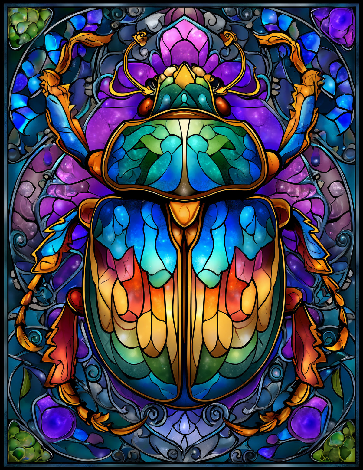 Dung Beetle — Stained Glass Art, Emerald Palette Digital Wall Art, 3 Sizes Included, Living Room Decor