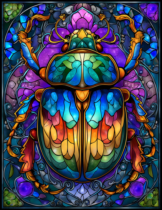 Dung Beetle — Stained Glass Art, Emerald Palette Digital Wall Art, 3 Sizes Included, Living Room Decor