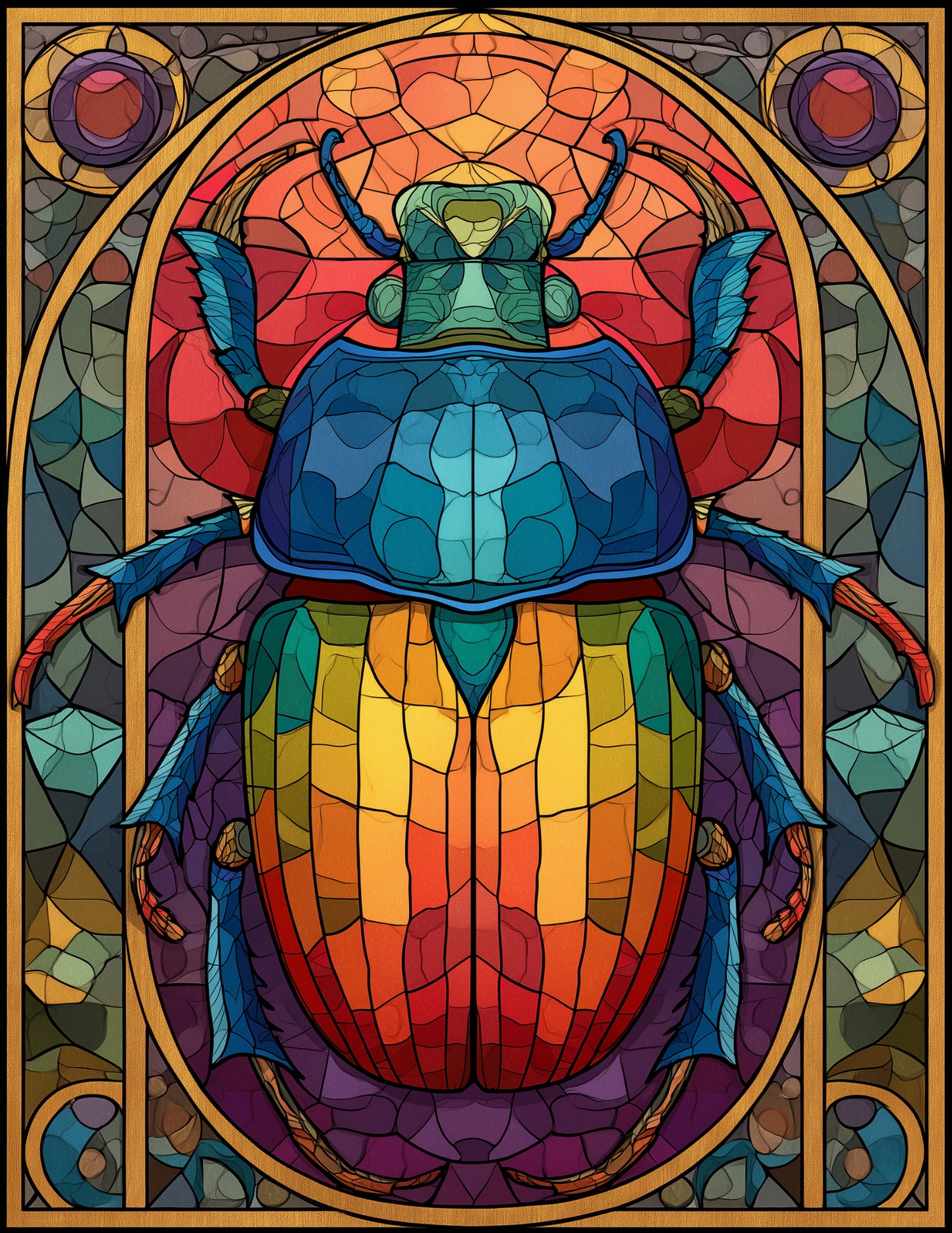 Dung Beetle — Stained Glass Art, Emerald Tones Digital Wall Art, 3 Sizes Included, Living Room Decor