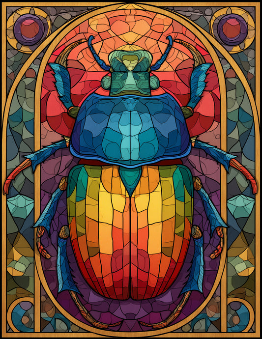 Dung Beetle — Stained Glass Art, Emerald Tones Digital Wall Art, 3 Sizes Included, Living Room Decor