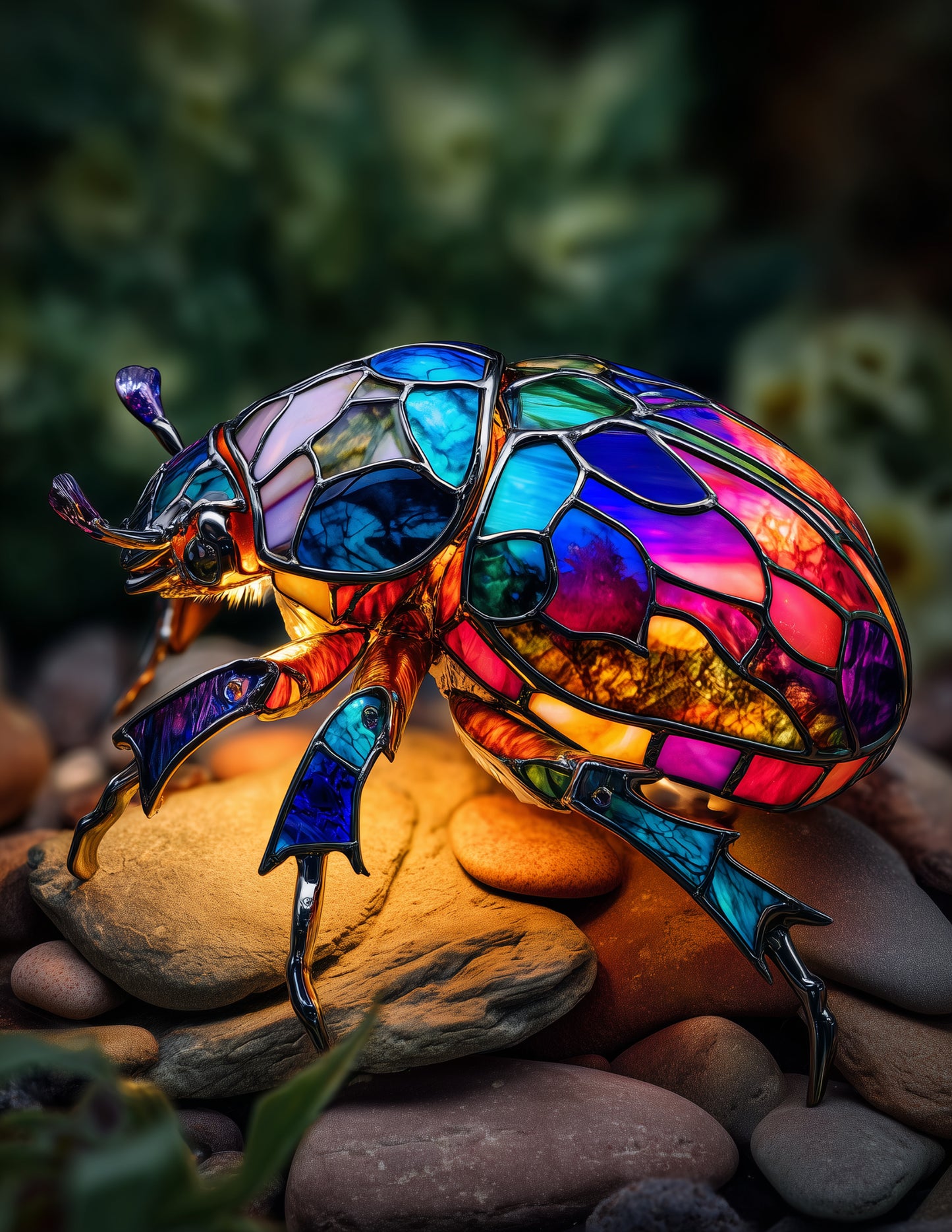 Dung Beetle — Stained Glass Art, Forest Tones Digital Wall Art, 3 Sizes Included, Living Room Decor
