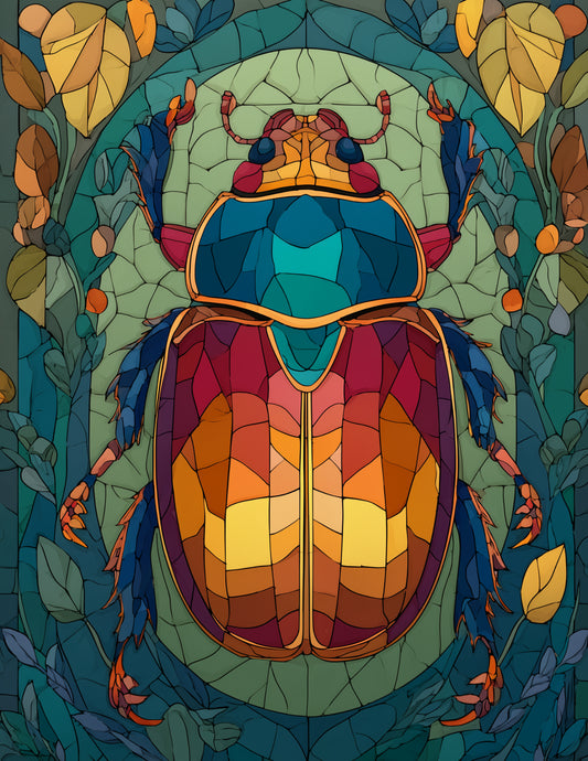 Dung Beetle — Stained Glass Art, Sapphire Hues Digital Wall Art, 3 Sizes Included, Living Room Decor