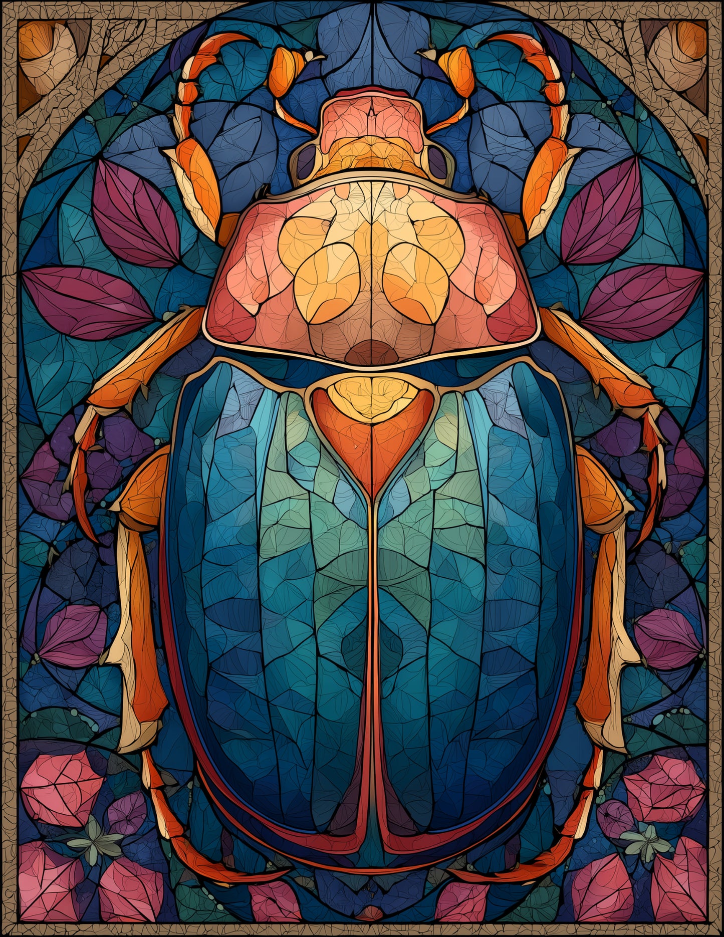 Dung Beetle — Stained Glass Art, Serene Tones Digital Wall Art, 3 Sizes Included, Living Room Decor