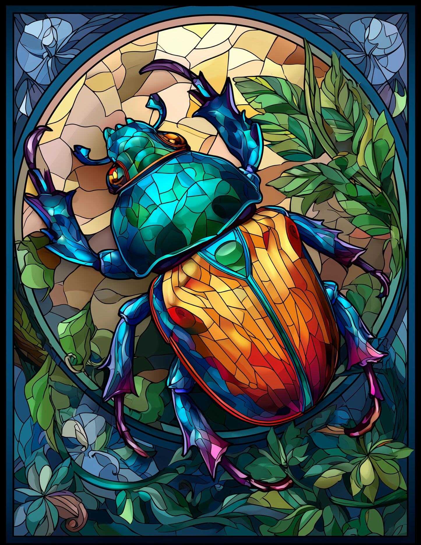 Dung Beetle — Stained Glass Art, Sunset Palette Digital Wall Art, 3 Sizes Included, Living Room Decor