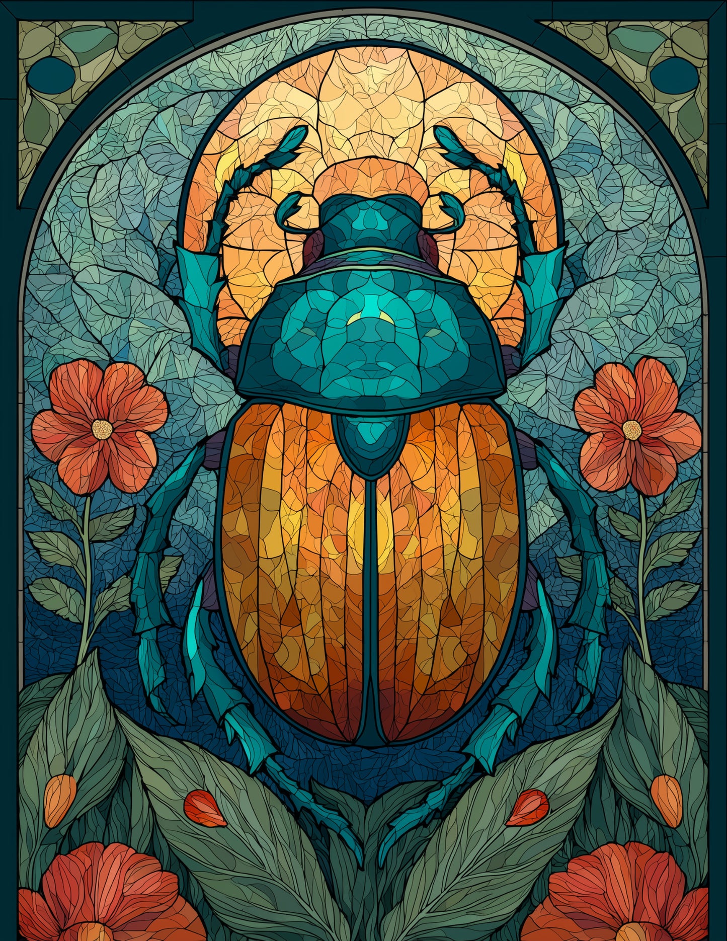 Dung Beetle — Stained Glass Art, Teal Contrast Digital Wall Art, 3 Sizes Included, Living Room Decor