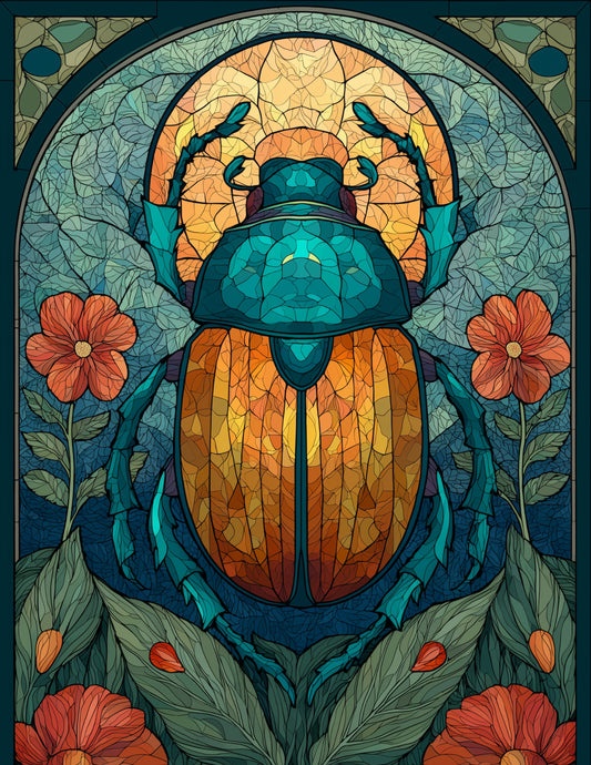 Dung Beetle — Stained Glass Art, Teal Contrast Digital Wall Art, 3 Sizes Included, Living Room Decor
