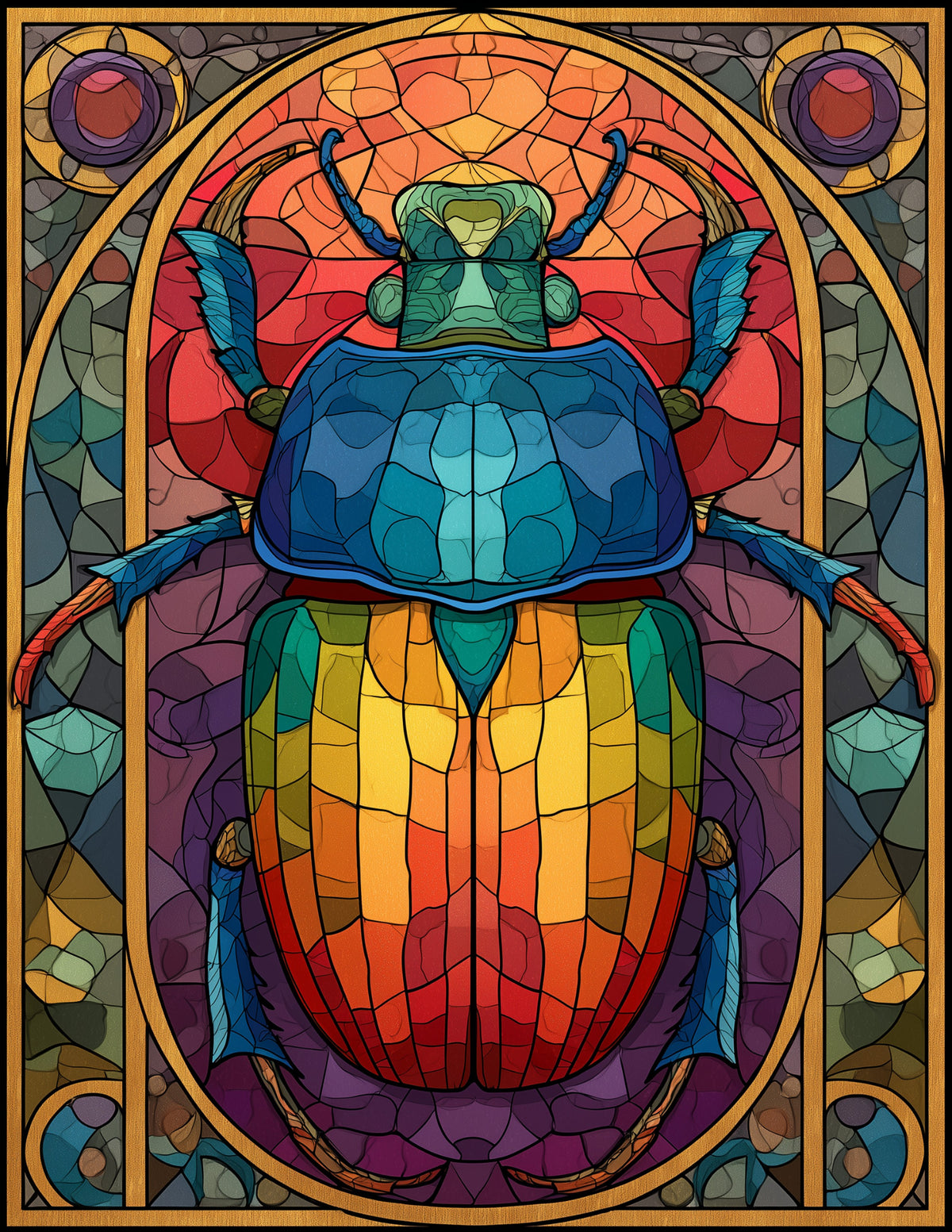 Dung Beetle — Stained Glass Art, Emerald Tones Digital Wall Art, 3 Sizes Included, Living Room Decor