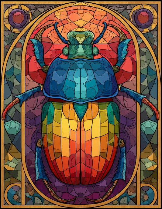 Dung Beetle — Stained Glass Art, Emerald Tones Digital Wall Art, 3 Sizes Included, Living Room Decor