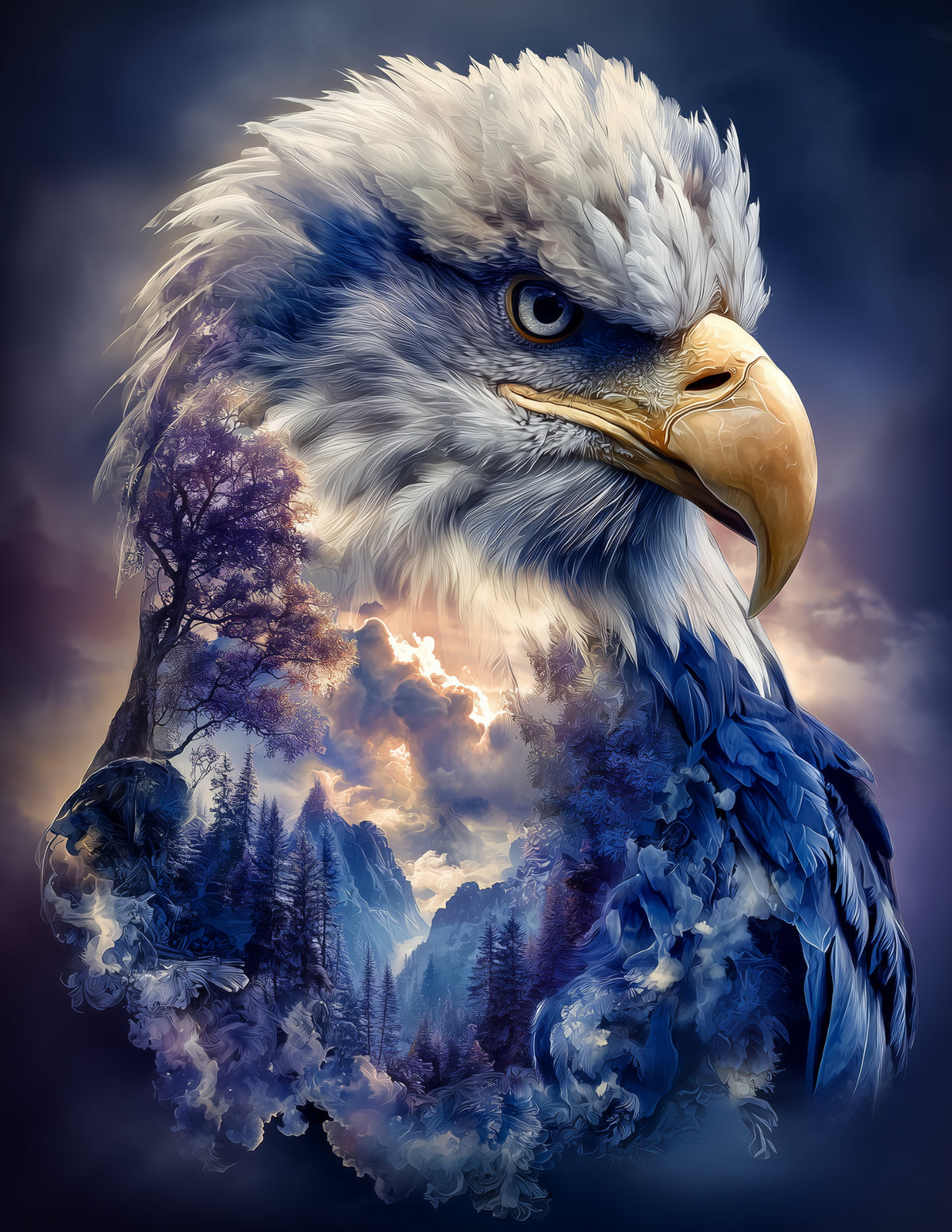 Eagle — Double Exposure Art, Forest Light Digital Wall Art, 3 Sizes Included, Living Room Decor