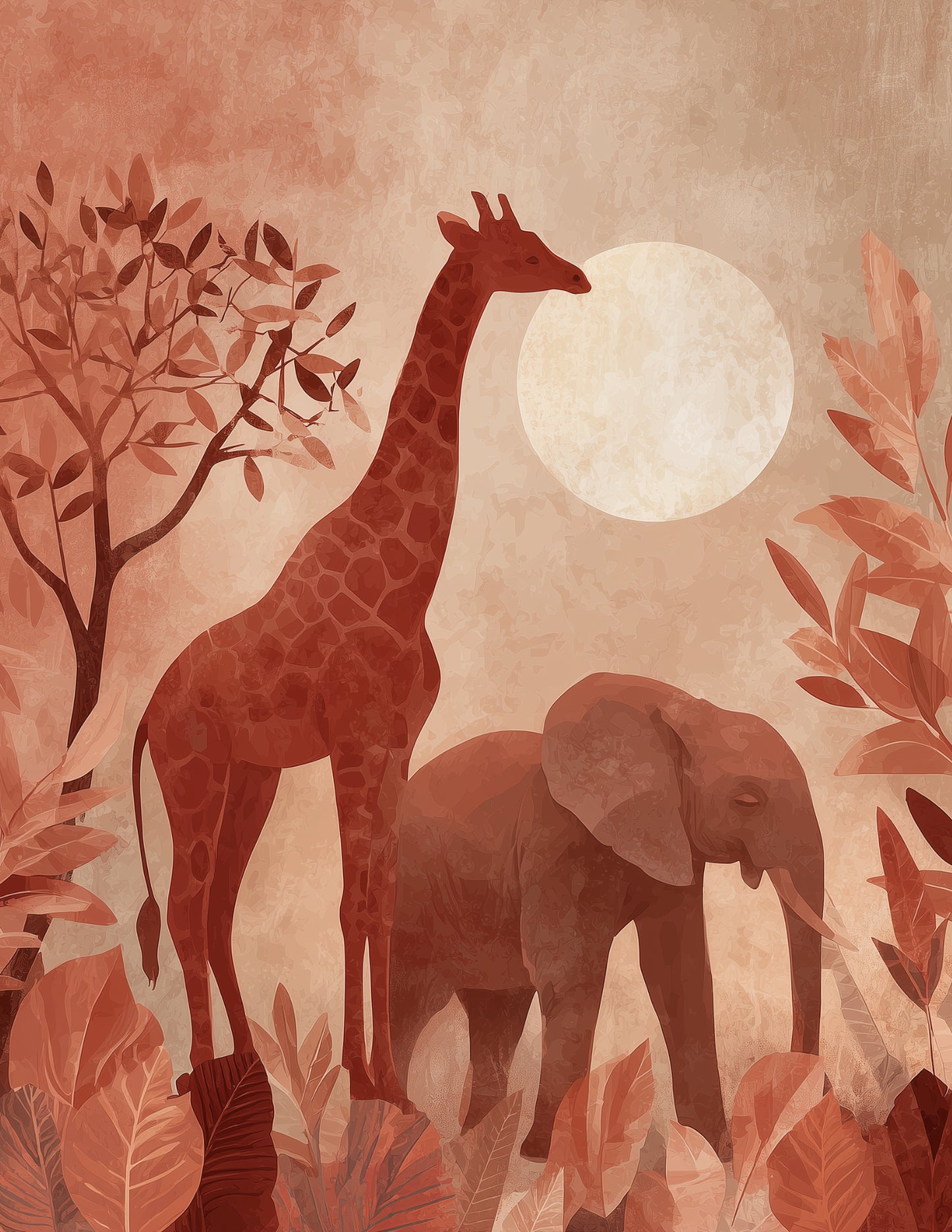 Elephant & Giraffe — Boho Coral Palette Duo Wall Art, 3 Sizes Included, Living Room Decor