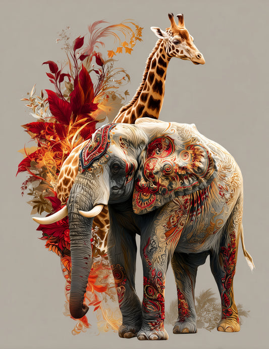 Elephant & Giraffe — Boho Serene Palette Duo Wall Art, 3 Sizes Included, Living Room Decor