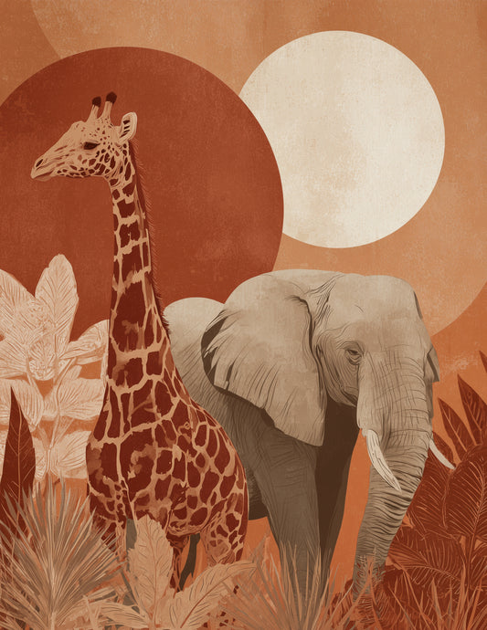 Elephant & Giraffe — Boho Sunset Tones Duo Wall Art, 3 Sizes Included, Living Room Decor