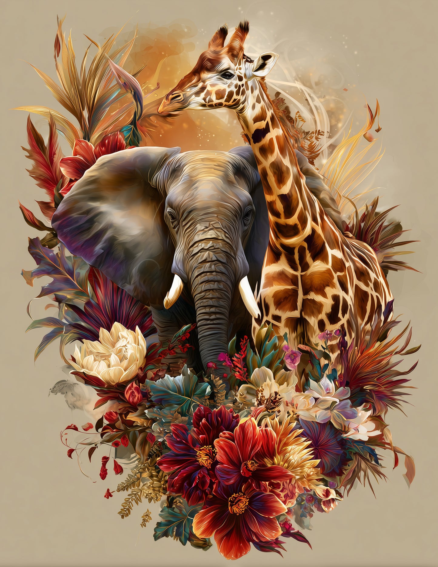 Elephant & Giraffe — Boho Vibrant Tones Duo Wall Art, 3 Sizes Included, Living Room Decor