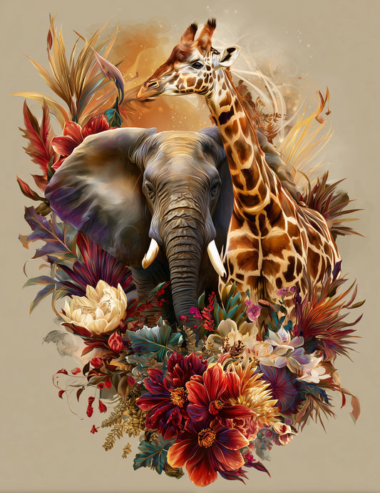 Elephant & Giraffe — Boho Vibrant Tones Duo Wall Art, 3 Sizes Included, Living Room Decor