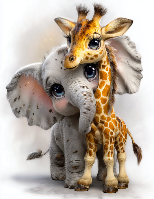 Elephant & Giraffe — Cute Cartoon Amber Bloom Duo Wall Art, 3 Sizes Included, Nursery Decor