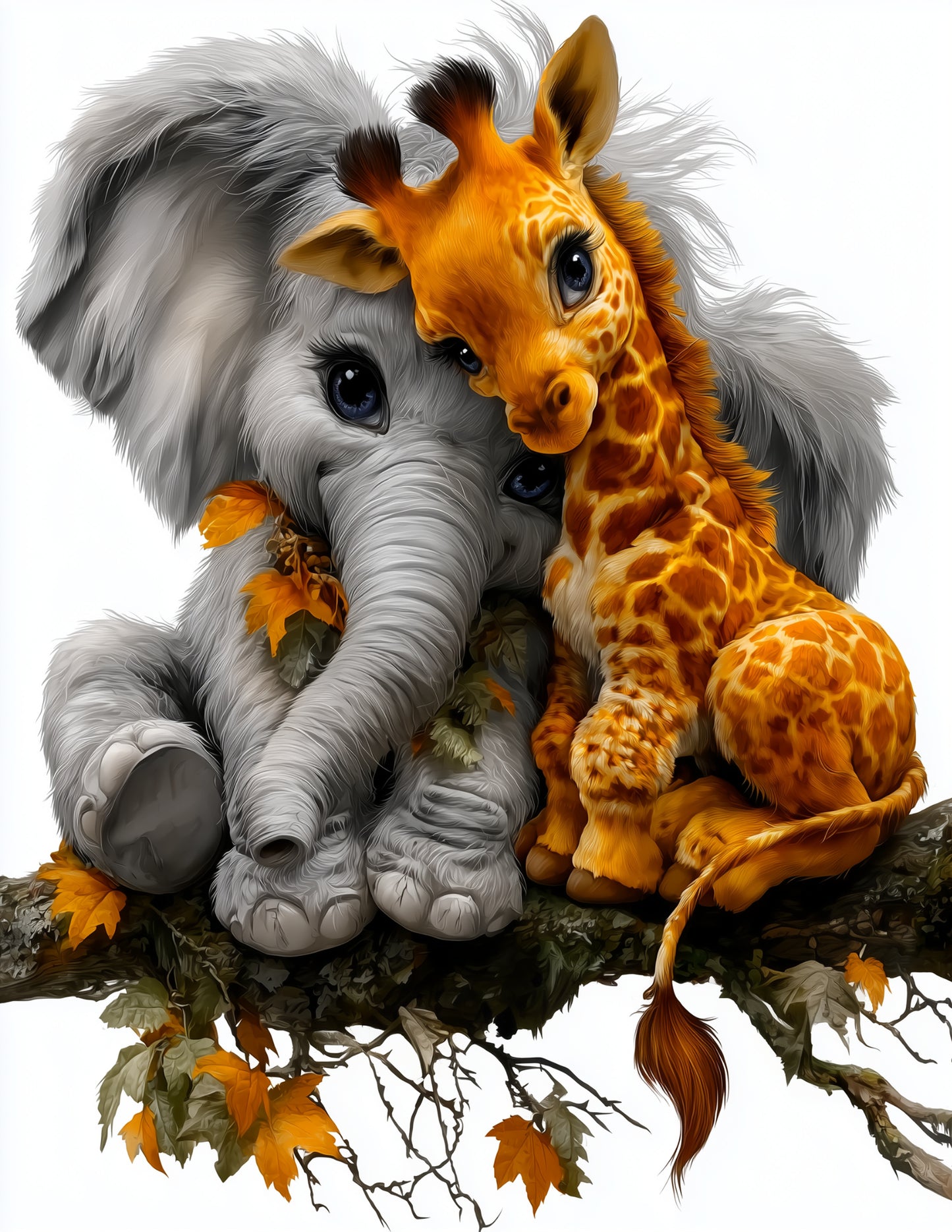 Elephant & Giraffe — Cute Cartoon Calm Mist Duo Wall Art, 3 Sizes Included, Nursery Decor