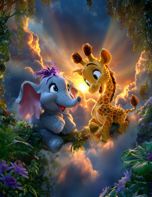 Elephant & Giraffe — Cute Cartoon Emerald Tones Duo Wall Art, 3 Sizes Included, Nursery Decor