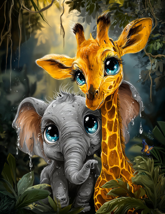 Elephant & Giraffe — Cute Cartoon Forest Tones Duo Wall Art, 3 Sizes Included, Nursery Decor