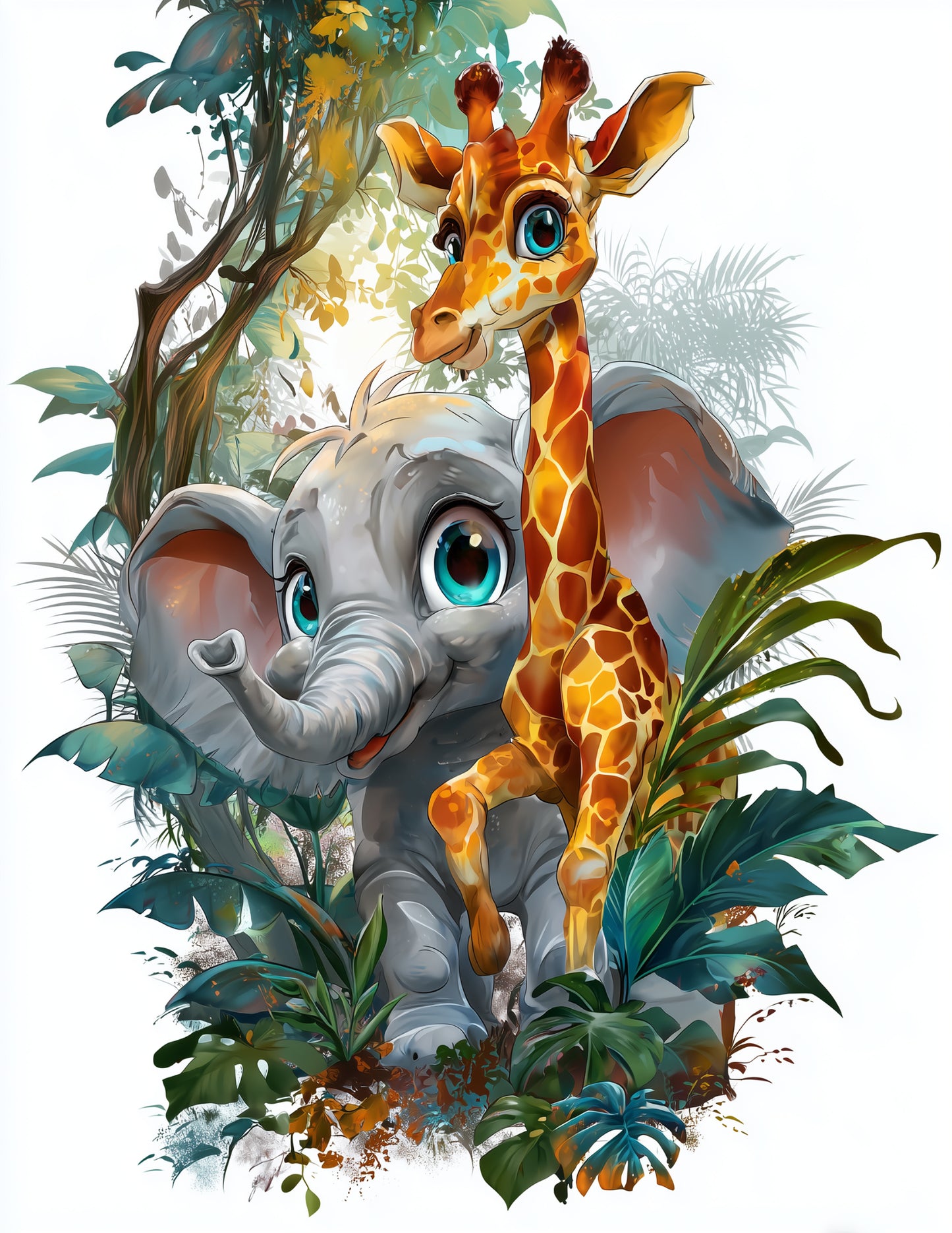 Elephant & Giraffe — Cute Cartoon Serene Palette Duo Wall Art, 3 Sizes Included, Nursery Decor