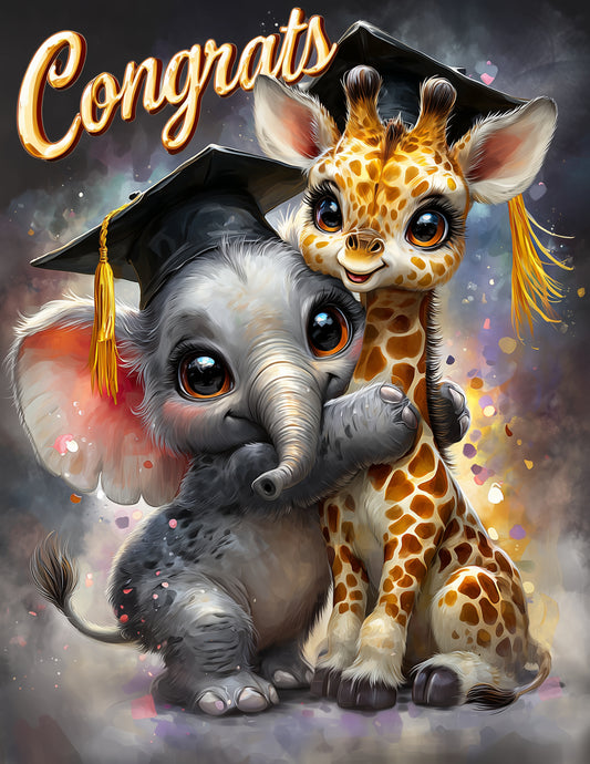 Elephant & Giraffe — Graduation Cute Cartoon Soft Pastels Duo Wall Art, 3 Sizes Included, Nursery Decor