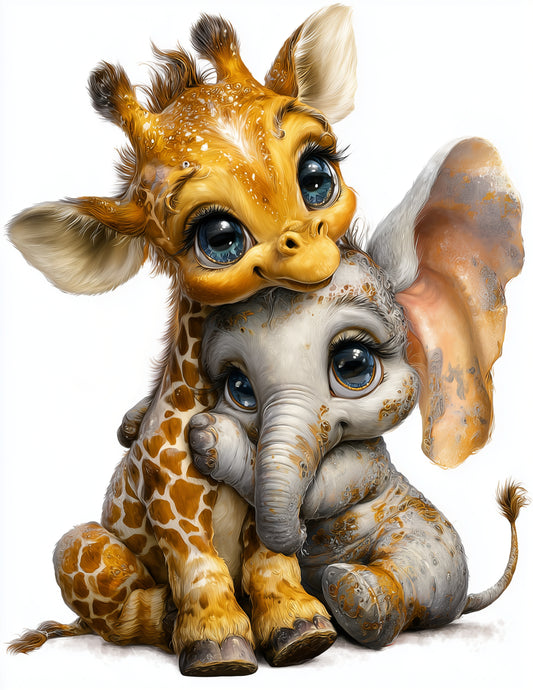 Elephant & Giraffe — Cute Cartoon Sunset Hues Duo Wall Art, 3 Sizes Included, Nursery Decor