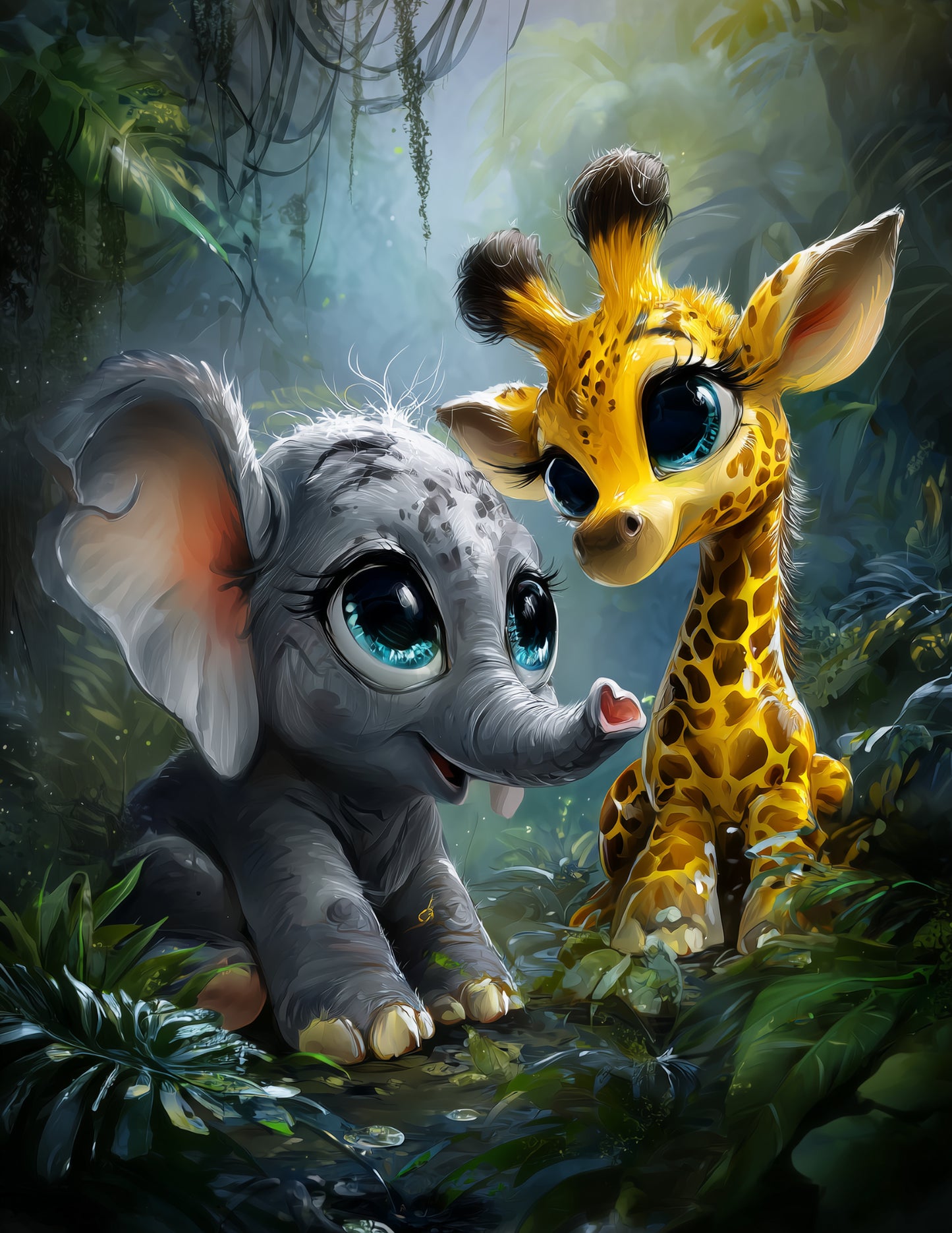 Elephant & Giraffe — Cute Cartoon Teal Gradients Duo Wall Art, 3 Sizes Included, Nursery Decor