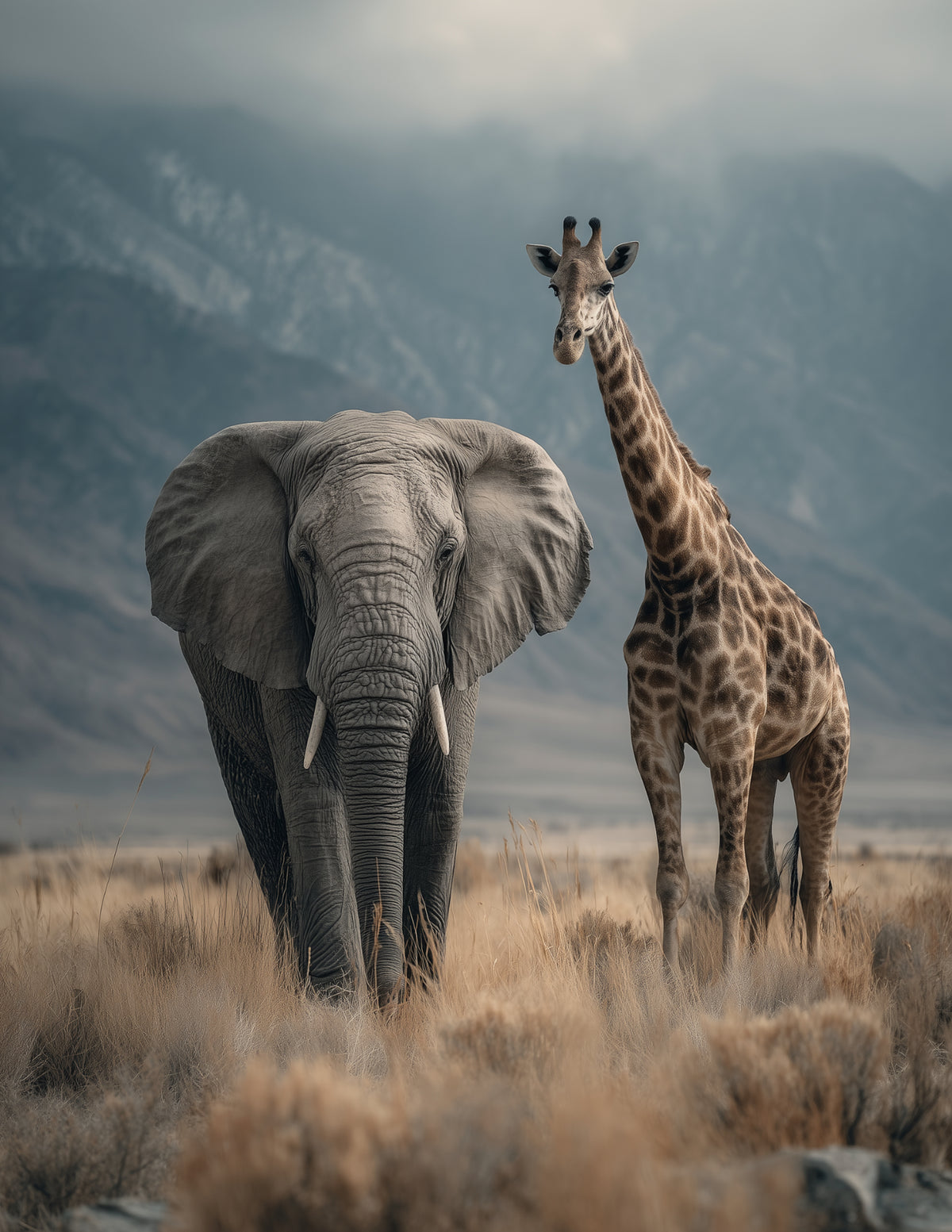 Elephant & Giraffe — Realistic Calm Tones Duo Wall Art, 3 Sizes Included, Living Room Decor