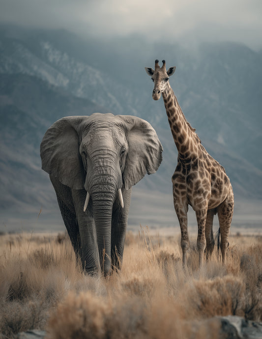 Elephant & Giraffe — Realistic Calm Tones Duo Wall Art, 3 Sizes Included, Living Room Decor