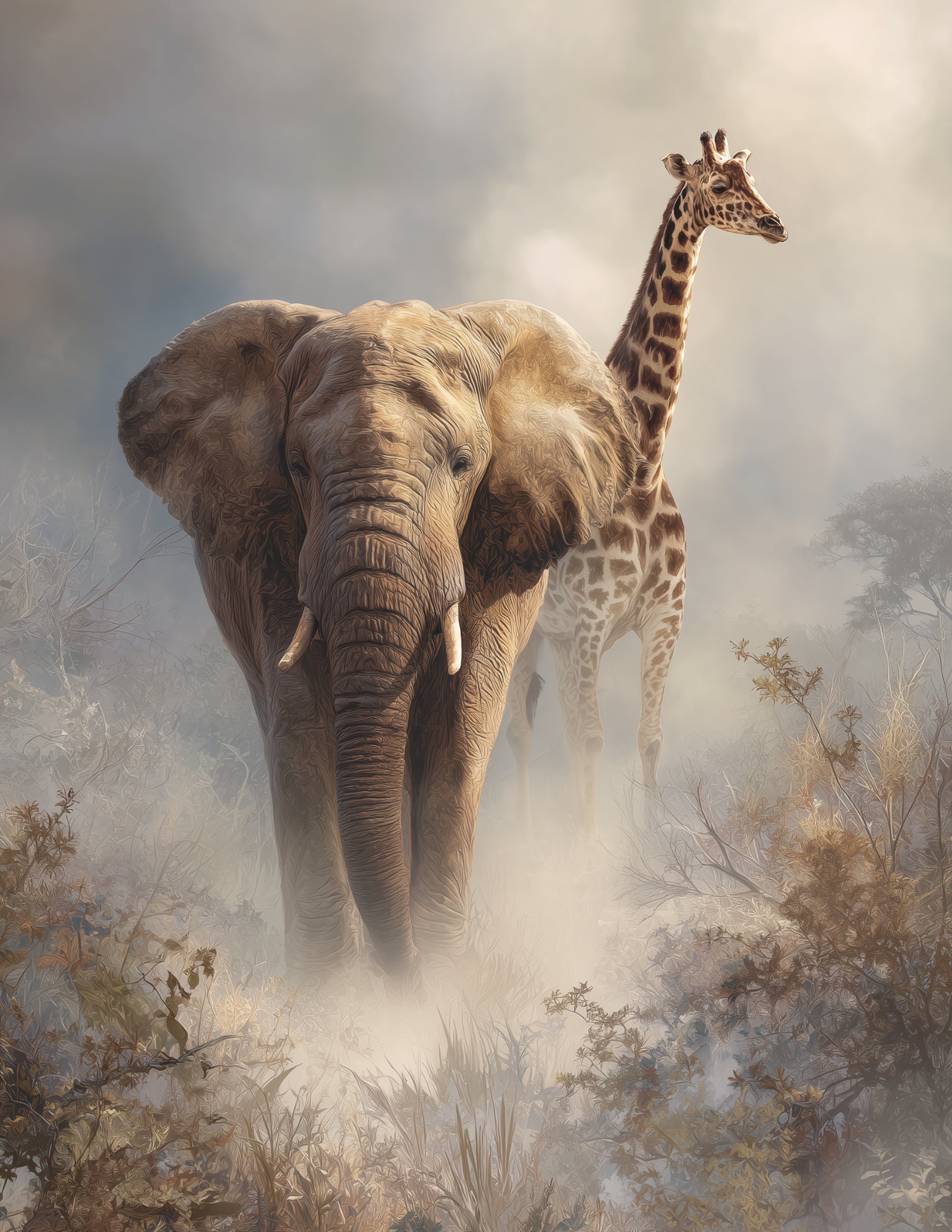 Elephant & Giraffe — Realistic Soft Mist Duo Wall Art, 3 Sizes Included, Living Room Decor