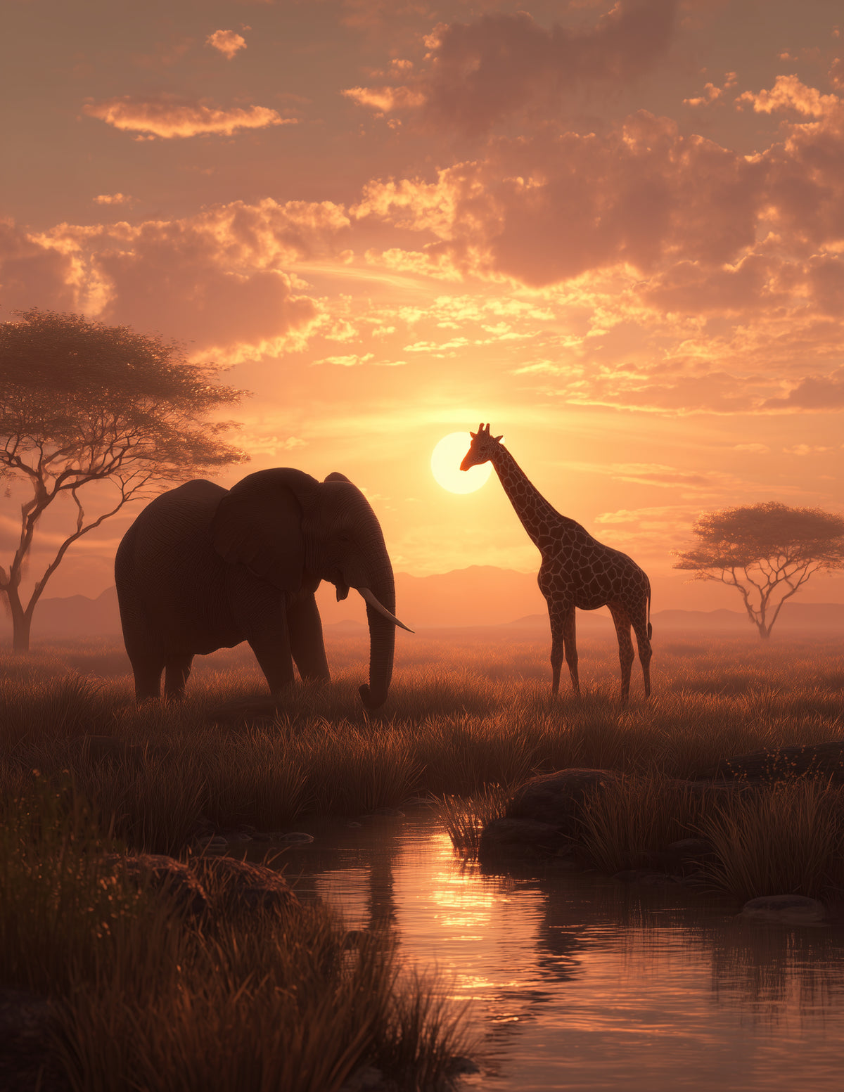 Elephant & Giraffe — Realistic Sunset Hues Duo Wall Art, 3 Sizes Included, Living Room Decor