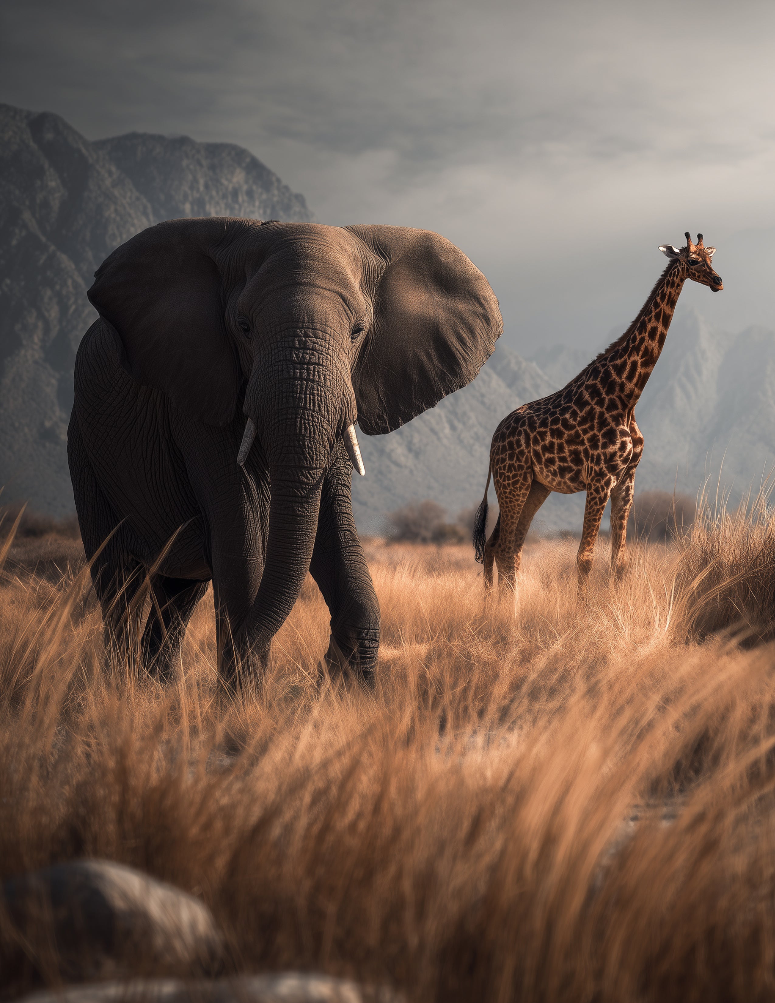 Elephant & Giraffe — Realistic Warm Tones Duo Wall Art, 3 Sizes Included, Living Room Decor