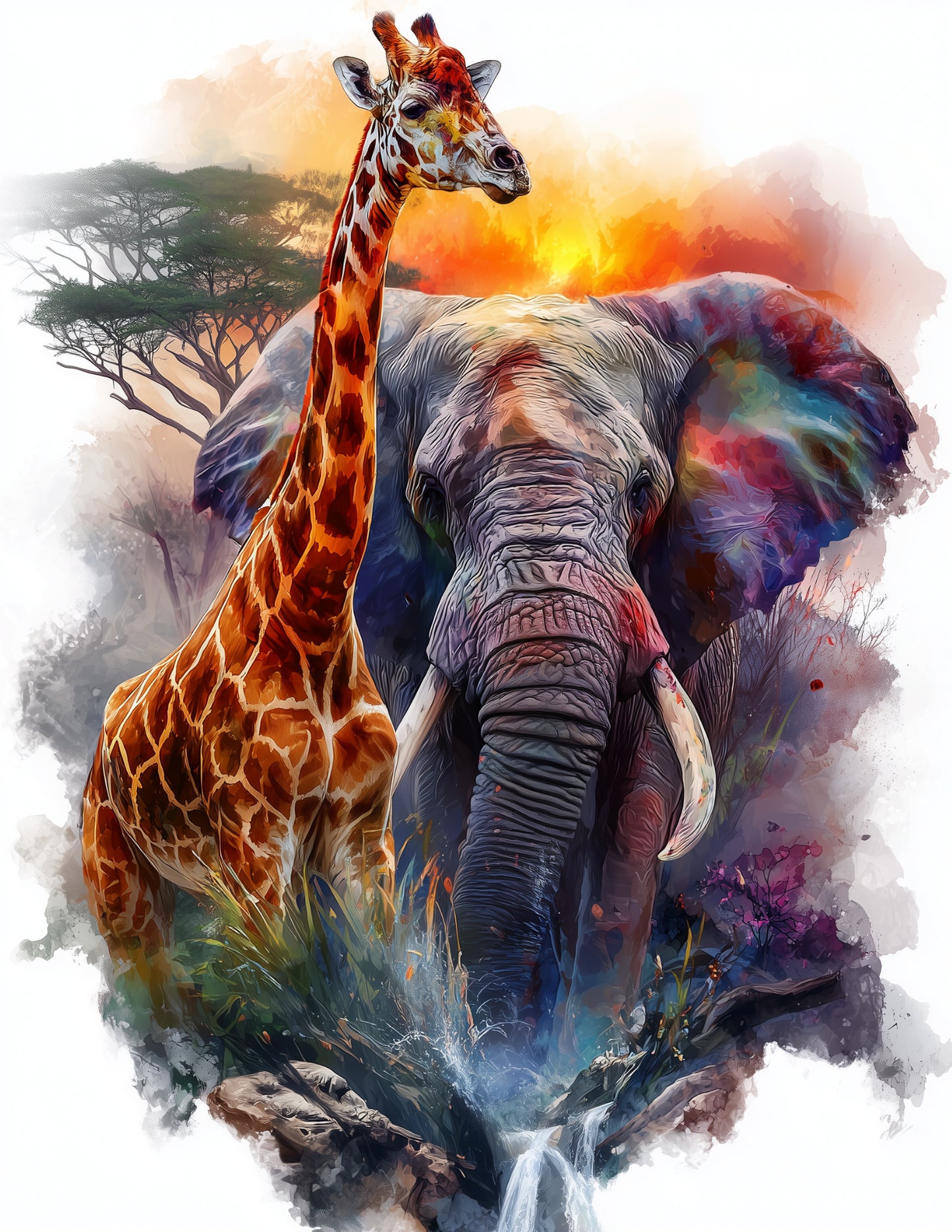 Elephant & Giraffe — Watercolor Emerald Hues Duo Wall Art, 3 Sizes Included, Living Room Decor
