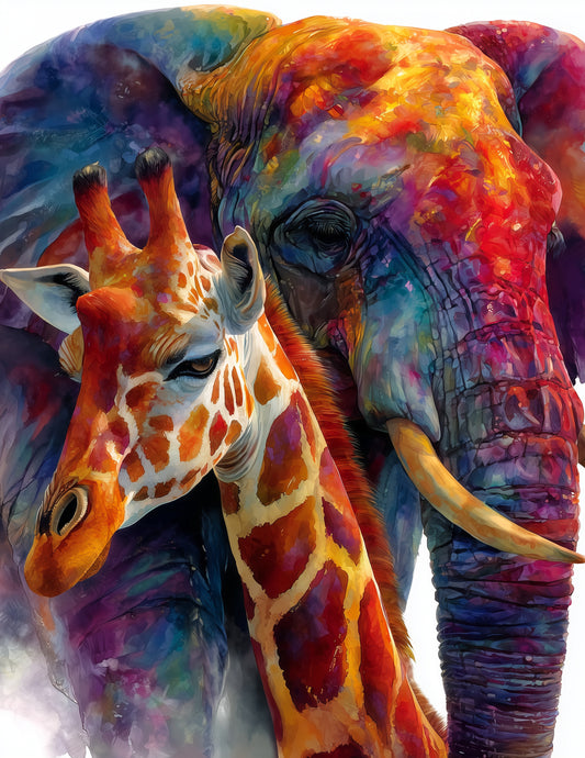 Elephant & Giraffe — Watercolor Forest Tones Duo Wall Art, 3 Sizes Included, Living Room Decor