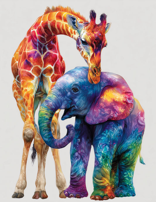 Elephant & Giraffe — Watercolor Vibrant Palette Duo Wall Art, 3 Sizes Included, Living Room Decor