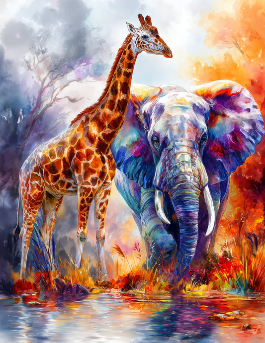 Elephant & Giraffe — Watercolor Violet Gradients Duo Wall Art, 3 Sizes Included, Living Room Decor