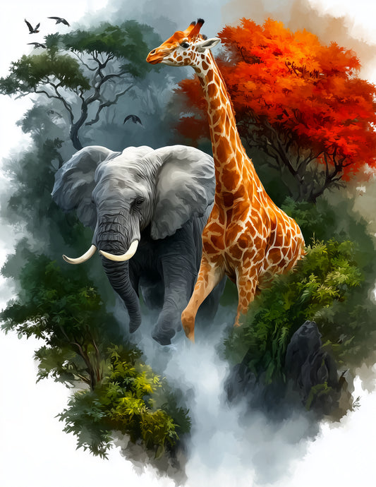 Elephant & Giraffe — Watercolor Warm Gradients Duo Wall Art, 3 Sizes Included, Living Room Decor