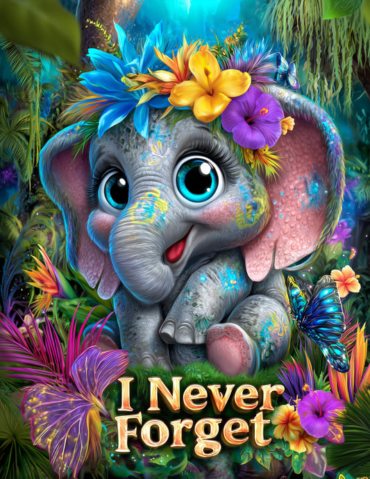Elephant — "I Never Forget" Cute Cartoon Art, Soft Pastels Digital Wall Art, 3 Sizes Included, Nursery Decor