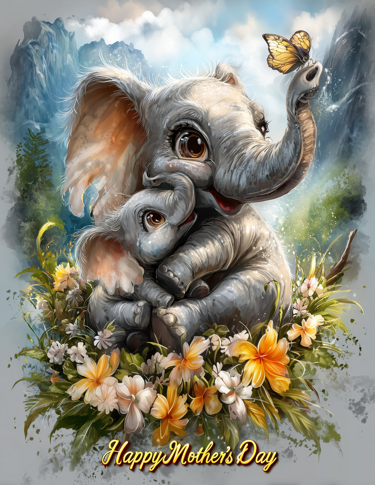 Elephant — Mother's Day Cute Cartoon Art, Soft Pastels Digital Wall Art, 3 Sizes Included, Nursery Decor