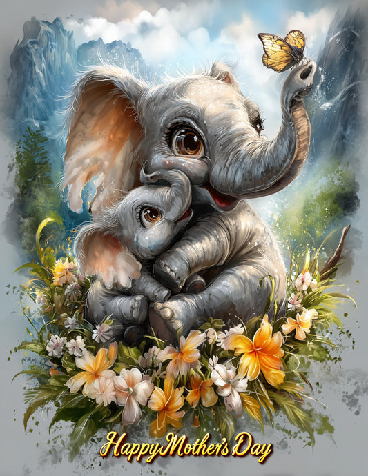 Elephant — Mother's Day Cute Cartoon Art, Soft Pastels Digital Wall Art, 3 Sizes Included, Nursery Decor