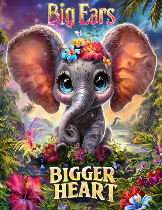 Elephant — "Big Ears, Bigger Heart" Cute Cartoon Art, Vibrant Palette Digital Wall Art, 3 Sizes Included, Nursery Decor